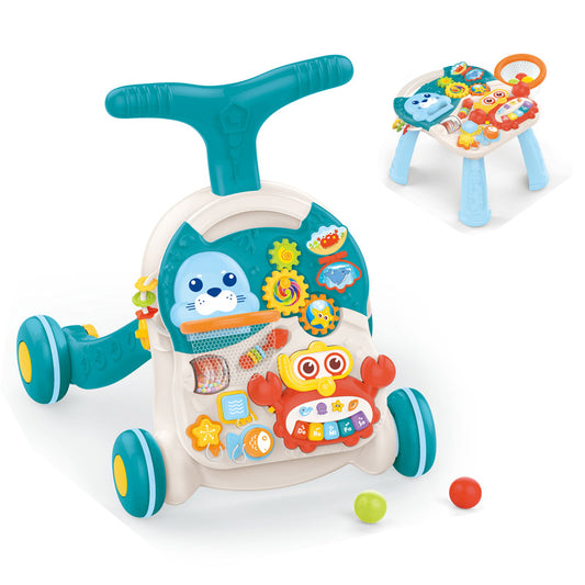 Antepremergator multifunctional, 2in1, cu masuta educativa, detasabila, centru activitati cu lumini si sunete, zornaitoare, 6-60 luni, albastru