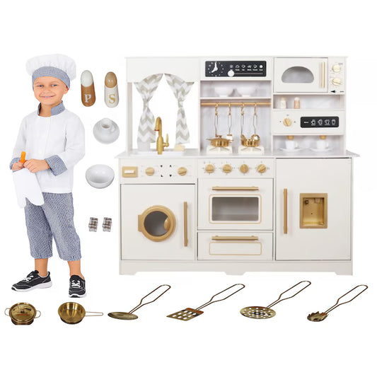 Bucatarie din lemn idealSTORE pentru copii, Dimensiuni 109 x 102 x 32 cm, Complet utilata cu Aragaz iluminat, Cuptor, Cuptor cu Microunde, Masina de spalat vase, Chiuveta, Rafturi si carlige pentru accesorii, Oala, Tigaie si Linguri, Cafetiera, MDF