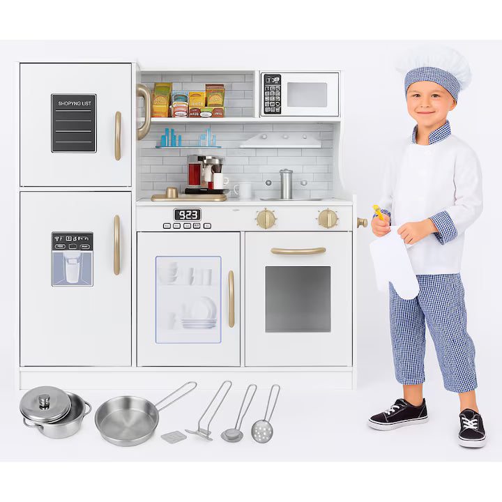 Bucatarie din lemn idealSTORE pentru copii, Dimensiuni 80x80x24 cm, Complet utilata cu Aragaz iluminat, Cuptor, Cuptor cu Microunde, Frigider, Masina de spalat vase, Chiuveta, Rafturi si carlige pentru accesorii, Telefon, Oala, Tigaie si Linguri