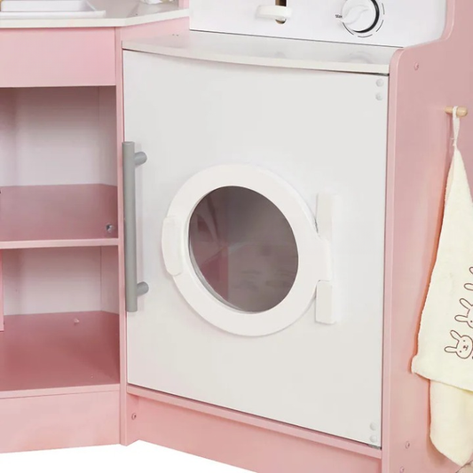 Bucatarie din Lemn Interactiva pentru Copii idealSTORE 108x99x80 cm Cu Sunete si Lumini, Masina de Paine si Masina de Spalat Rufe