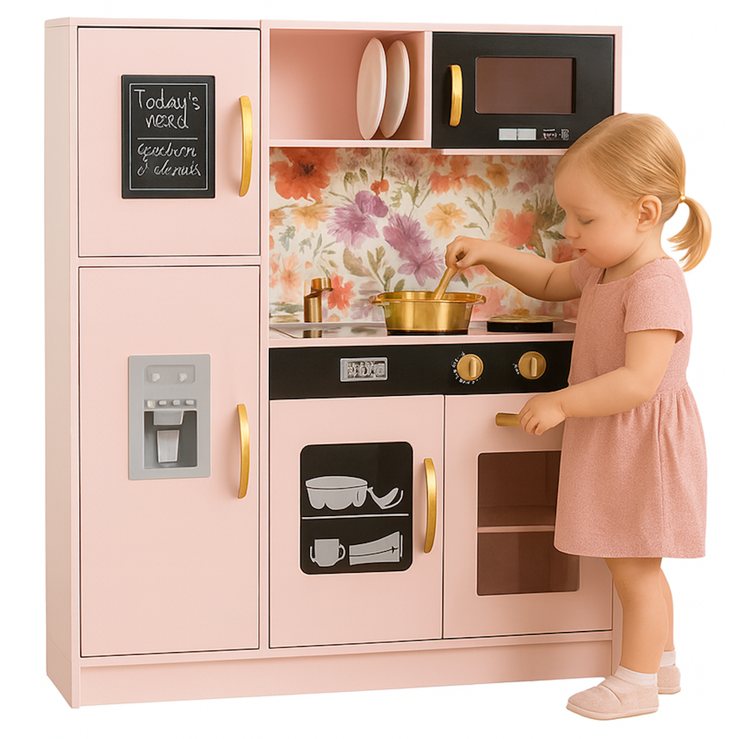 Bucatarie din lemn idealSTORE pentru copii, Dimensiuni 80x80x24 cm, Complet utilata cu Aragaz iluminat, Cuptor, Cuptor cu Microunde, Frigider, Masina de spalat vase