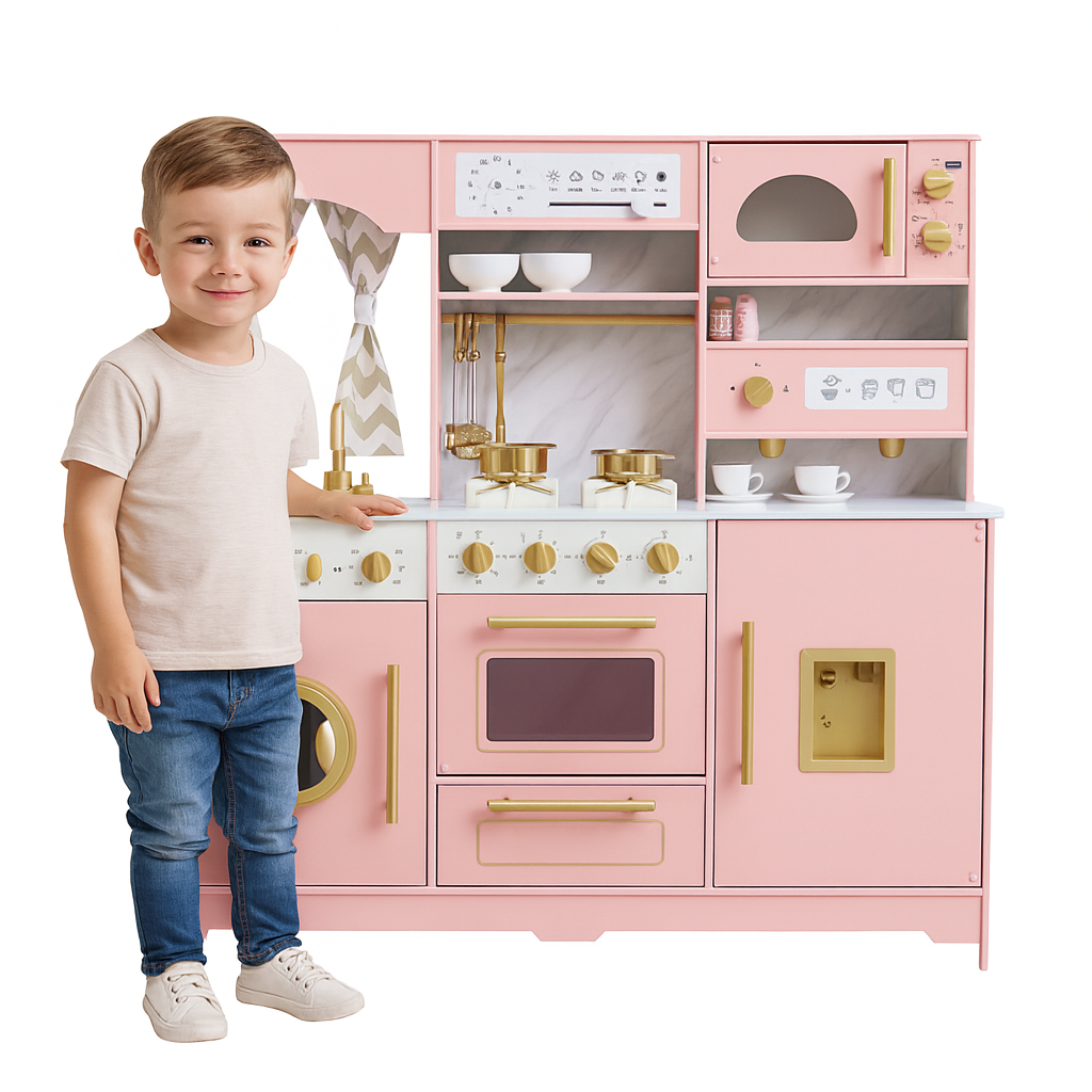 Bucatarie din Lemn pentru Copii idealSTORE PinkWood 16 Accesorii Sunete Frigider Cuptor