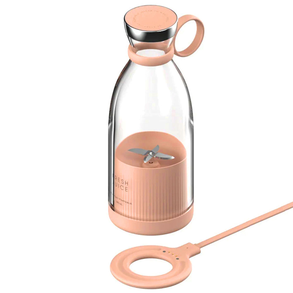 Blender Portabil pentru Bauturi, FreshJuice Smart, Incarcare Wireless, 4 Lame, Capacitate 350ml, Multifunctional, Roz