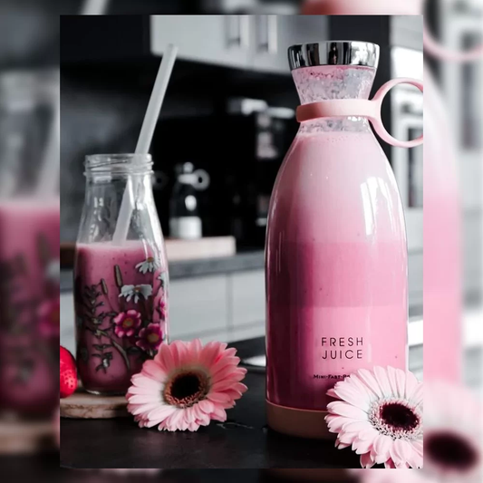 Blender Portabil pentru Bauturi, FreshJuice Smart, Incarcare Wireless, 4 Lame, Capacitate 350ml, Multifunctional, Roz
