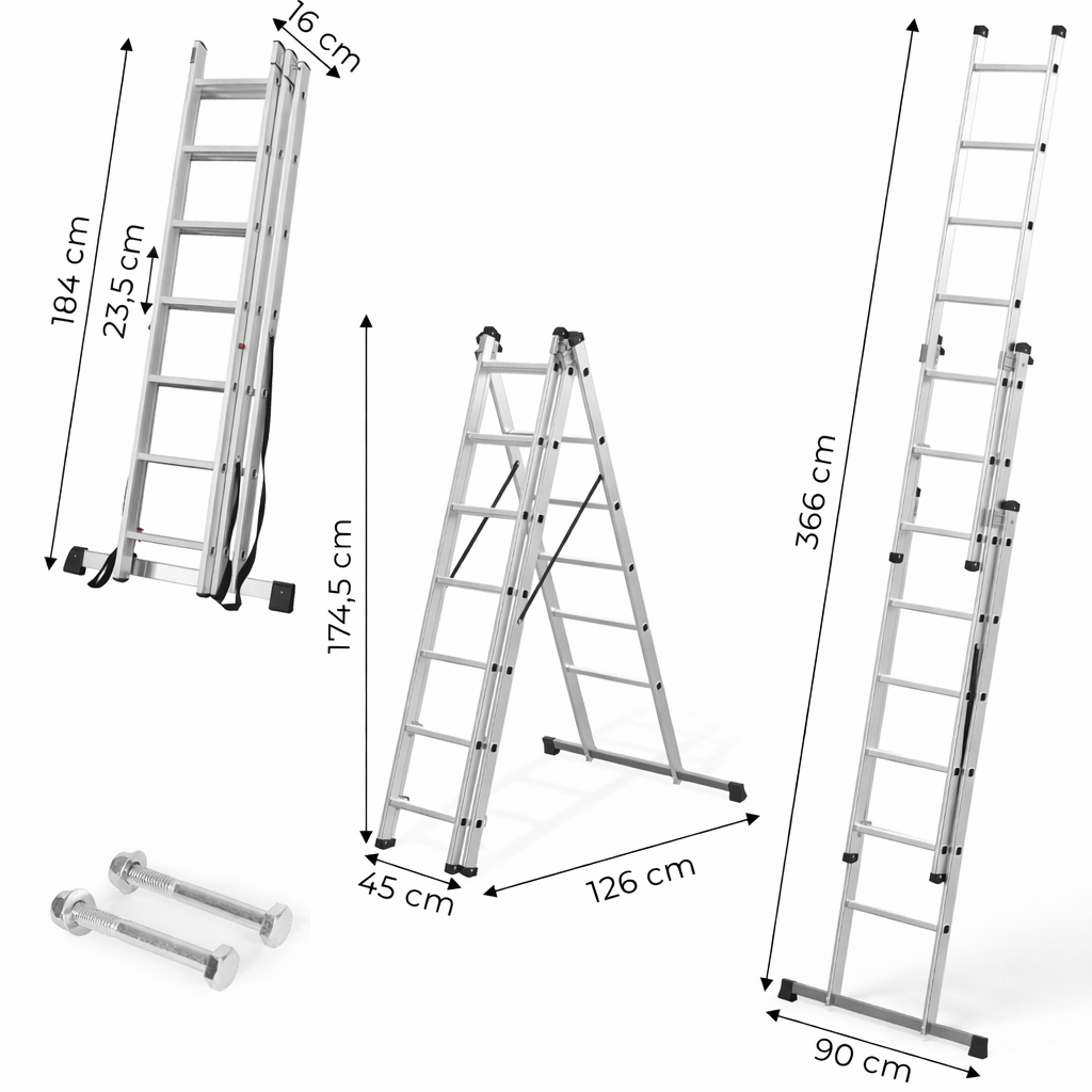 Scara Aluminiu Multifunctionala 3x7 Trepte idealSTORE, Scara Pliabila Tip A si Dreapta, Inaltime Maxima 366 cm, Sarcina 150 kg, Curele Siguranta