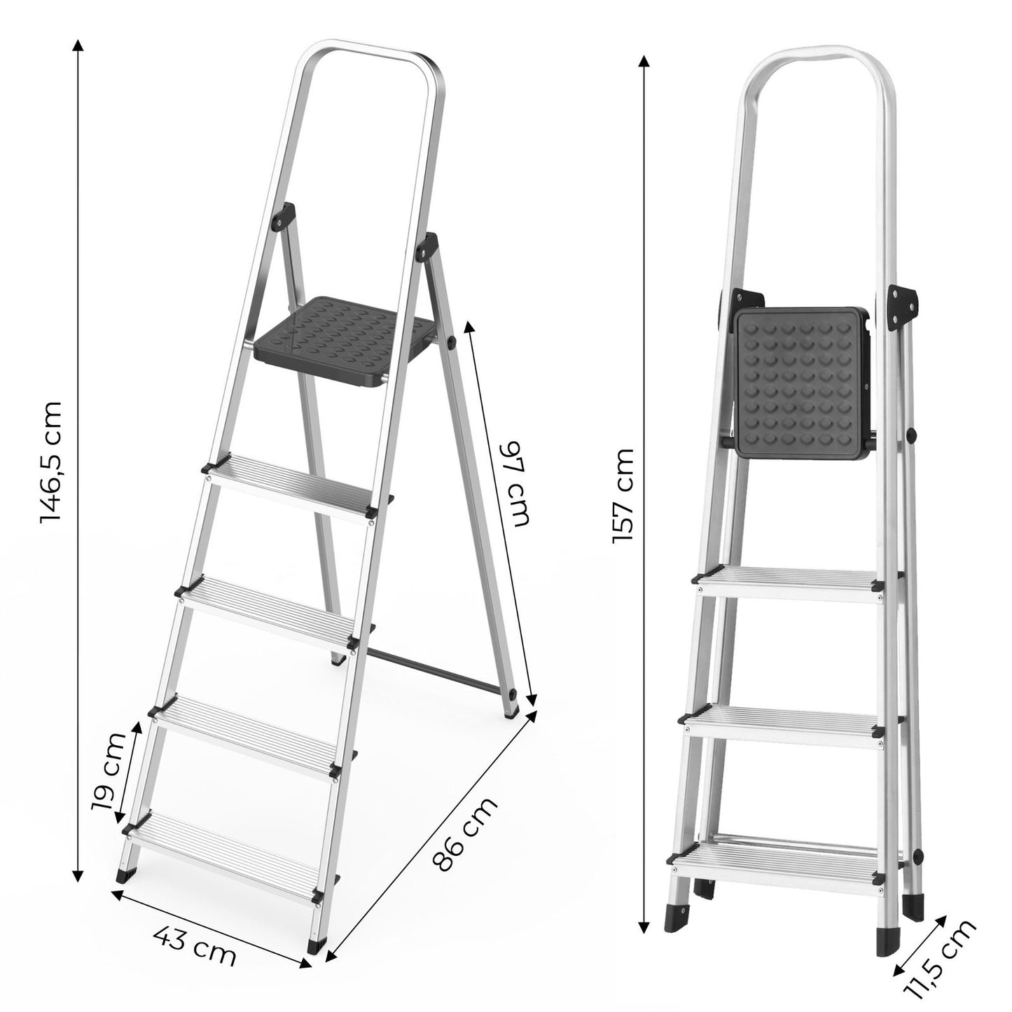 Scara aluminiu pliabila idealSTORE 5 trepte cu platforma , antiderapanta, sarcina maxima 150 kg, usoara si stabila