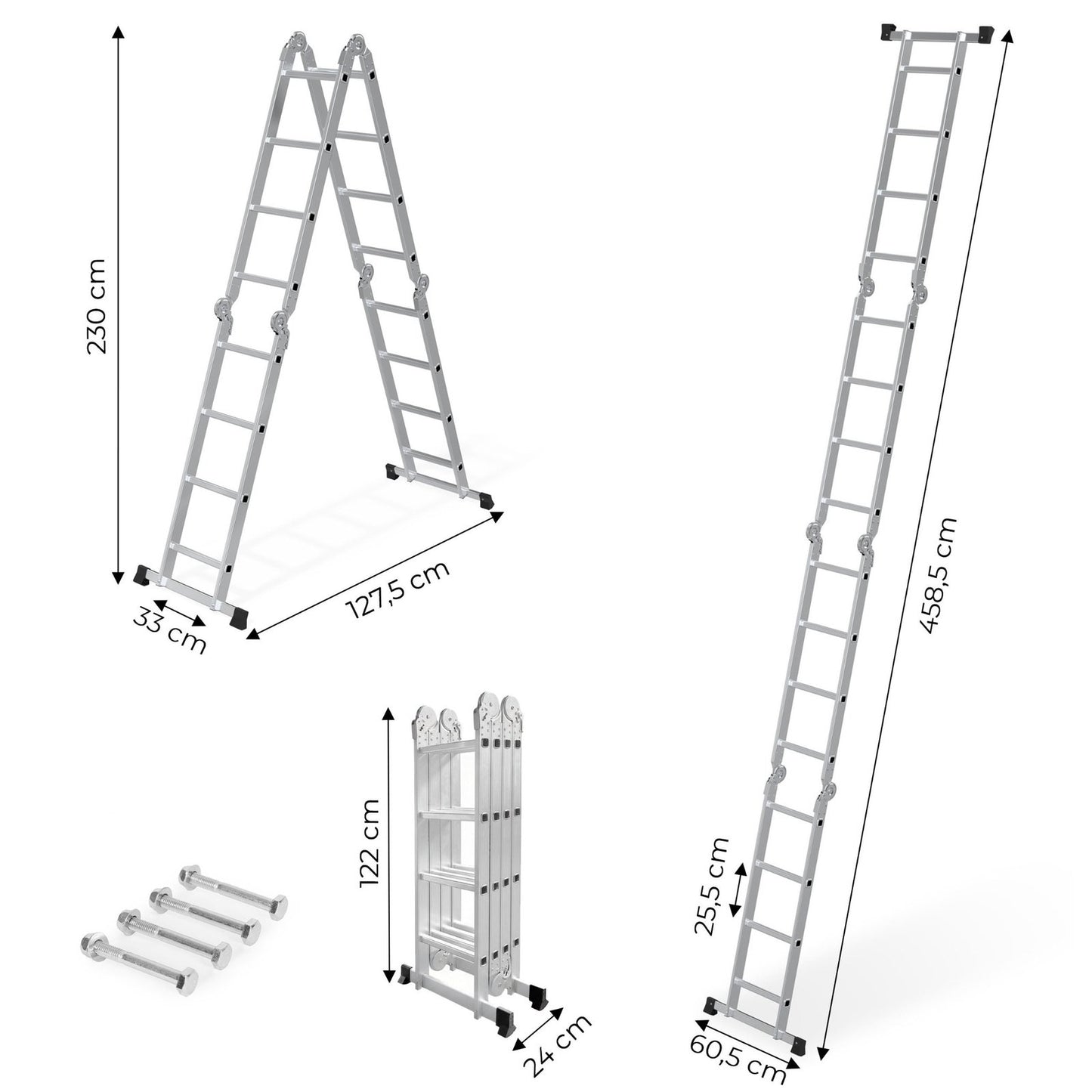 Scara pliabila extensibila idealSTORE din aluminiu 4 x 4 trepte, 4,58m, Sistem de blocare, Utilizare tip A si dreapta, Inaltime reglabila, Sarcina 150 kg