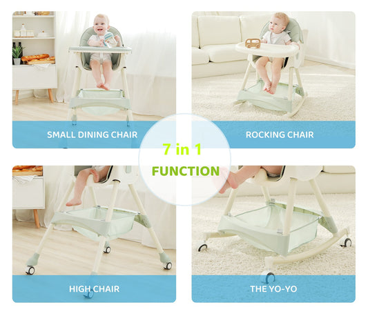 Scaun de Masa Bebelusi si Copii, Pliabil, 7 in 1, At Performance, Multifuntional,, Tavita Detasabila, Piele, Roti Detasabile, Mod Balansoar, Centura in 5 Puncte, Ajustabil pe Inaltime, Rezistent la Murdarie, Cos de Depozitare, Spatar ajustabil, Roz