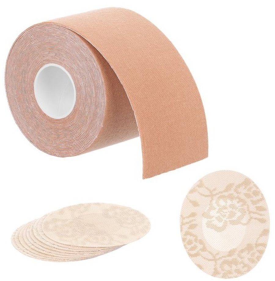 Set Banda pentru Ridicarea Sanilor si Huse pentru Mameloane idealSTORE, Universala, Adeziv Puternic, Impermeabil, Material Elastic, Rola de 5 metri, Culoare Bej