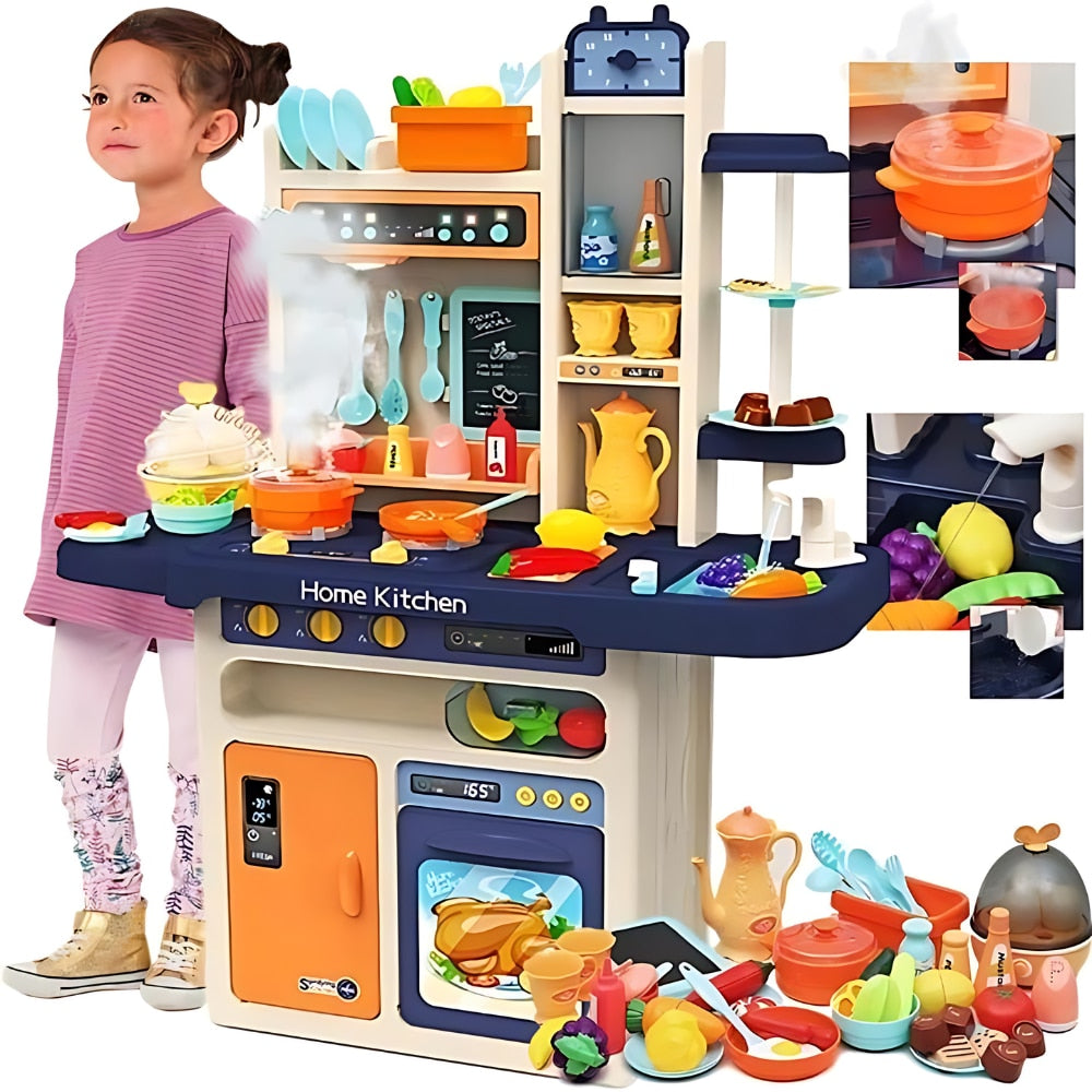Set bucatarie completa multifunctionala pentru copii, 65 de piese, cuptor, frigider, chiuveta cu circuit de apa, ustensile, Albastru, PROMERCO