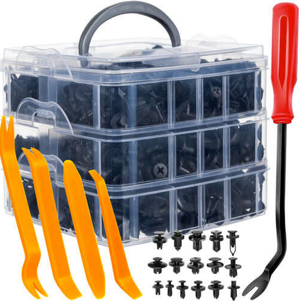 Set Cleme-Clipsuri Reconditionare Auto idealSTORE, Include 620 de elemente, 16 Dimensiuni Universale, 4 Cune de finisare auto, 1 Instrument pentru departarea clemelor, Cutie de Depozitare