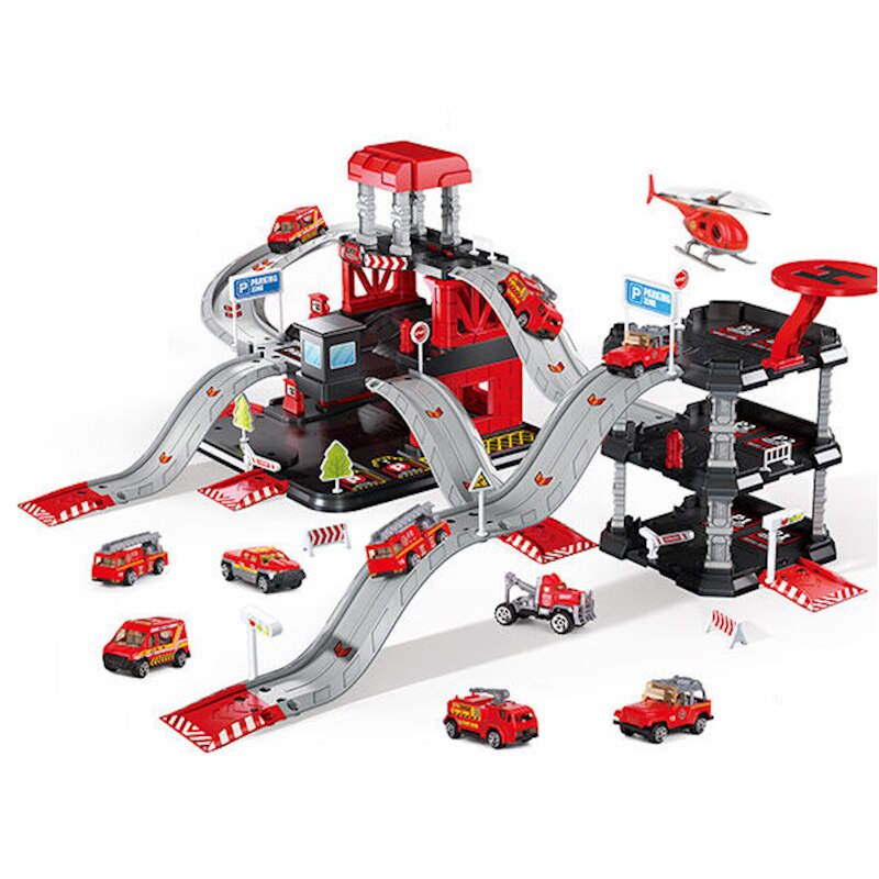 Set de Joaca Parcare Fire Station cu 3 Nivele, 6 Vehicule, Elicopter si Heliport