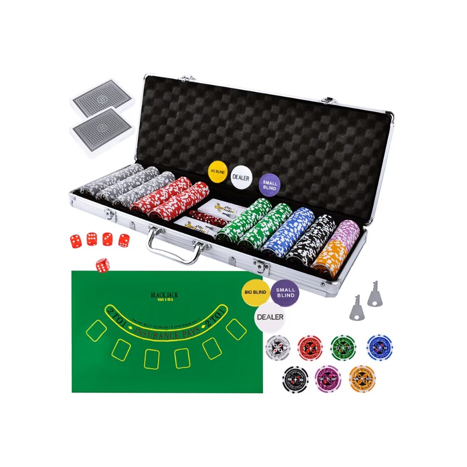 Set de Poker Profesional idealSTORE, Dimensiuni 26,5 x 7 x 22 cm, Include 500 jetoane de diferite valori, Servieta din aluminiu, 2 Seturi de carti, 5 Zaruri, 2 Chei, Big Blind, Small Blind, Panza verde de joc, Diametru jeton 4 cm, Greutate 13g
