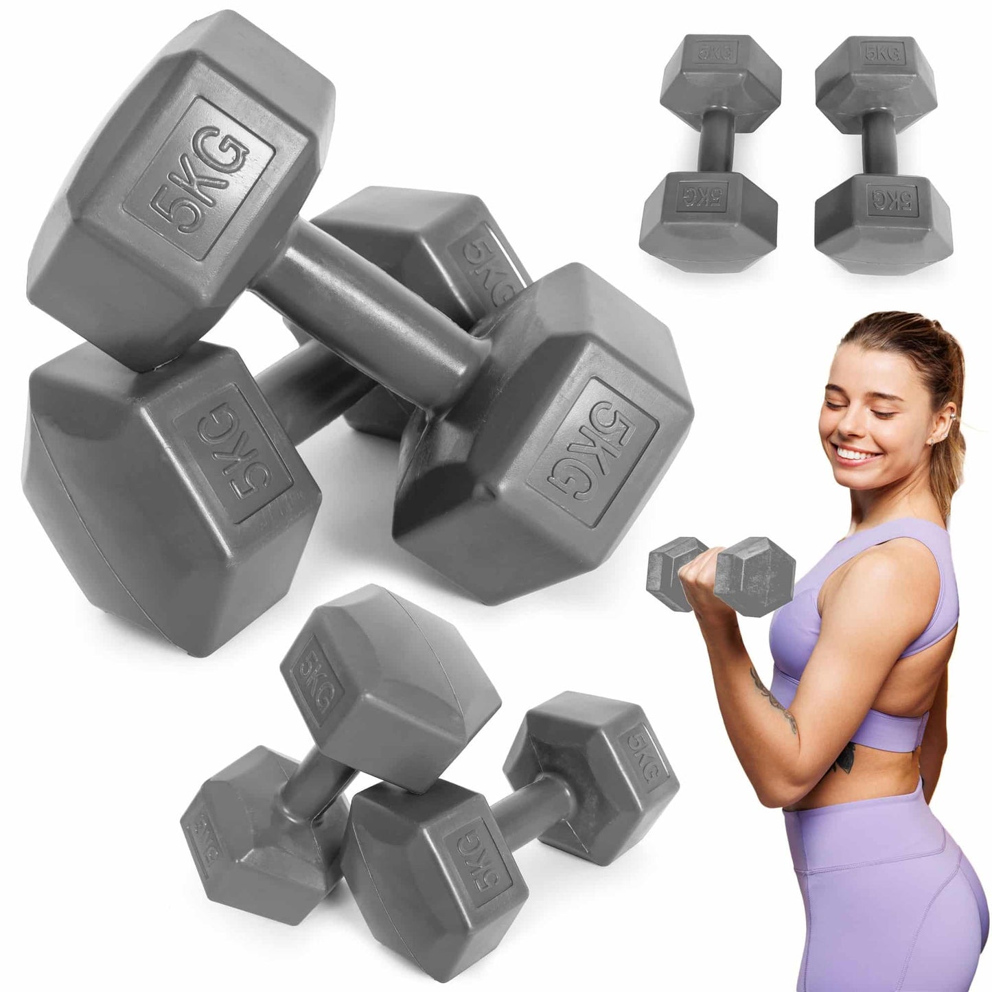 Set Gantere Fitness idealSTORE 2x5 kg, Forma Hexagonala, Anti-Rostogolire, Manere Ergonomice, Potrivite pentru incepatori si sportivi avansati, Ideale pentru antrenament de forta, Exercitii de Echilibru, Tonifiere si Recuperare