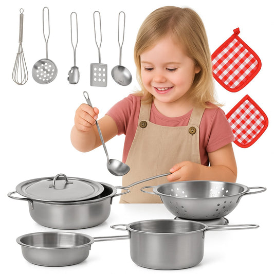 Set de gatit copii IdealStore 13 piese cu oale, tigai si ustensile bucatarie