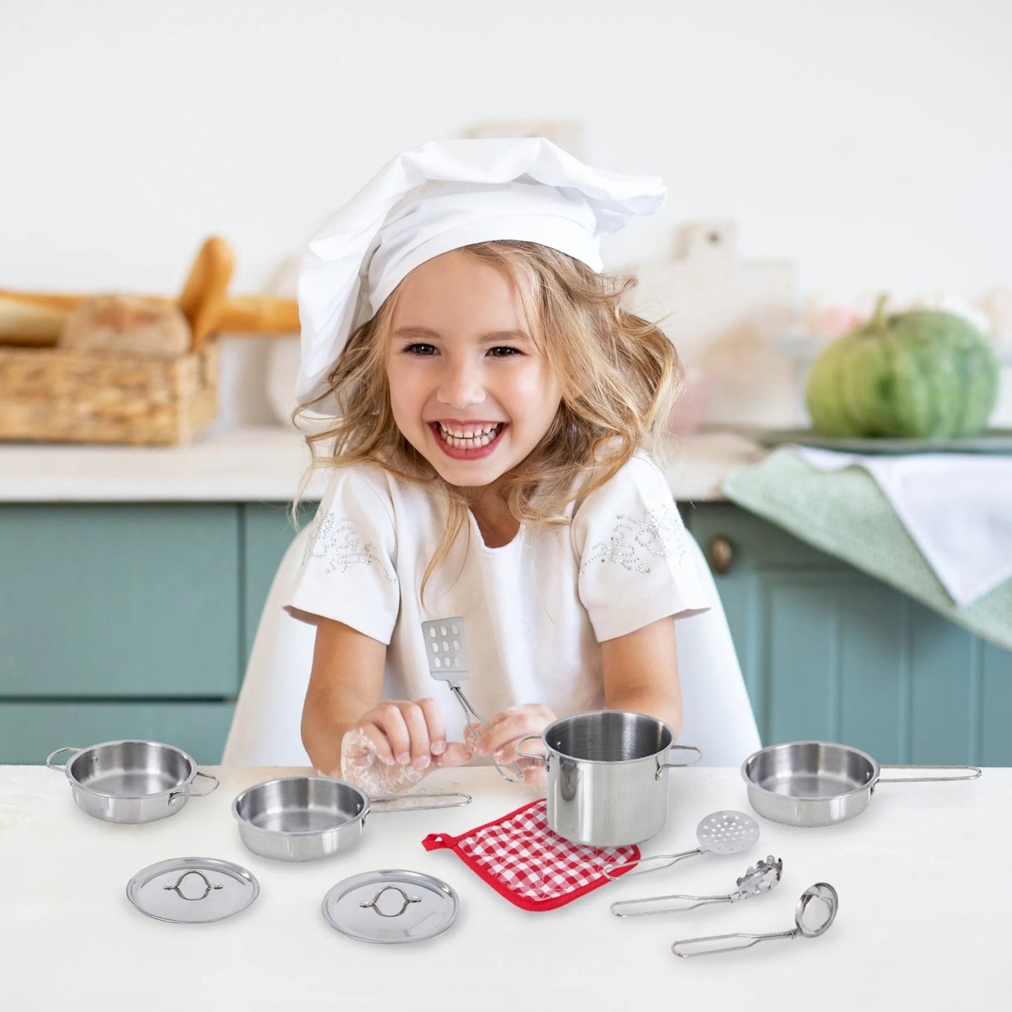 Set de gatit copii IdealStore 13 piese cu oale, tigai si ustensile bucatarie