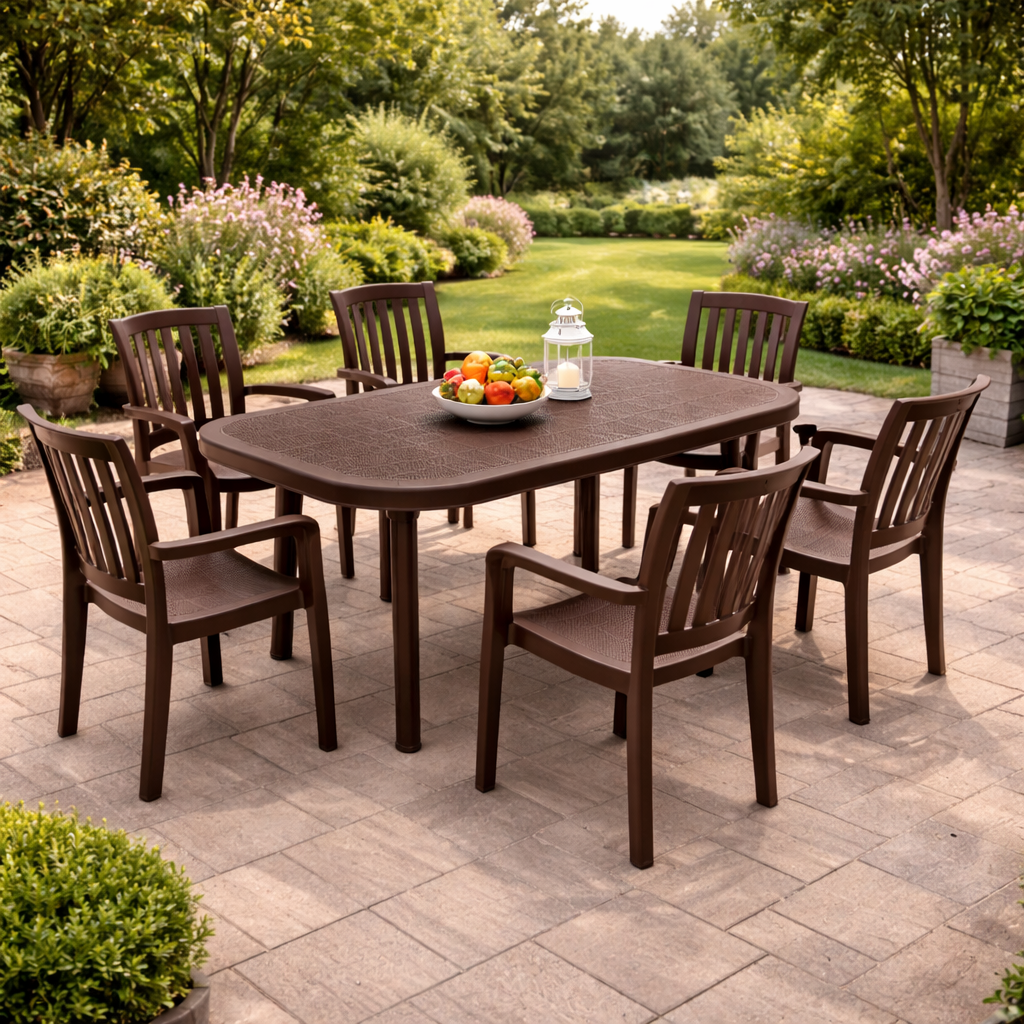 Set gradina idealSTORE cu 6 scaune XL si masa 135x82x75 cm, polipropilena rezistenta UV