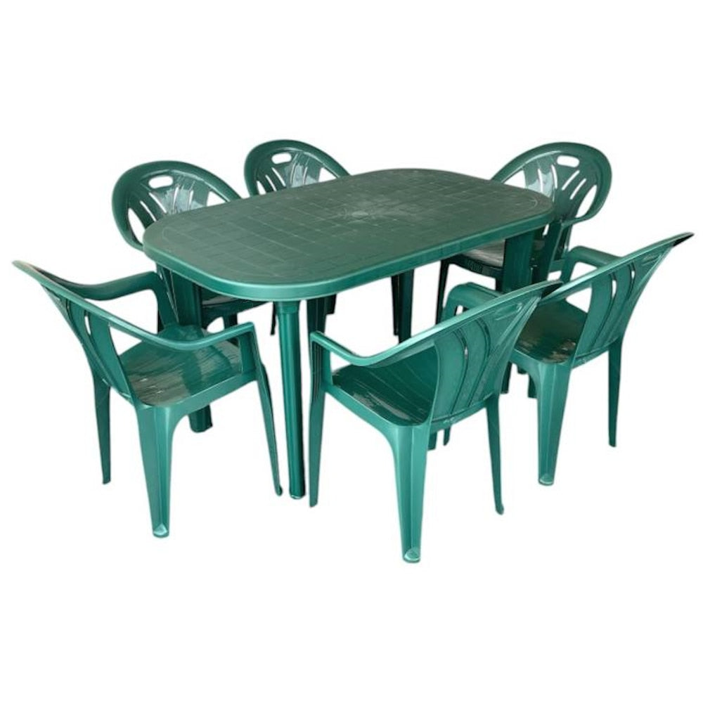 Set masa Gradina idealStore cu 6 Scaune si Masa 135x82x75cm, Rezistenta Sporita, Polipropilena de Inalta Calitate, Rezistent UV, Rezistent la Apa si Temperaturi Ridicate, Orificiu pentru Umbrela, Picioare Detasabile, Verde Menta