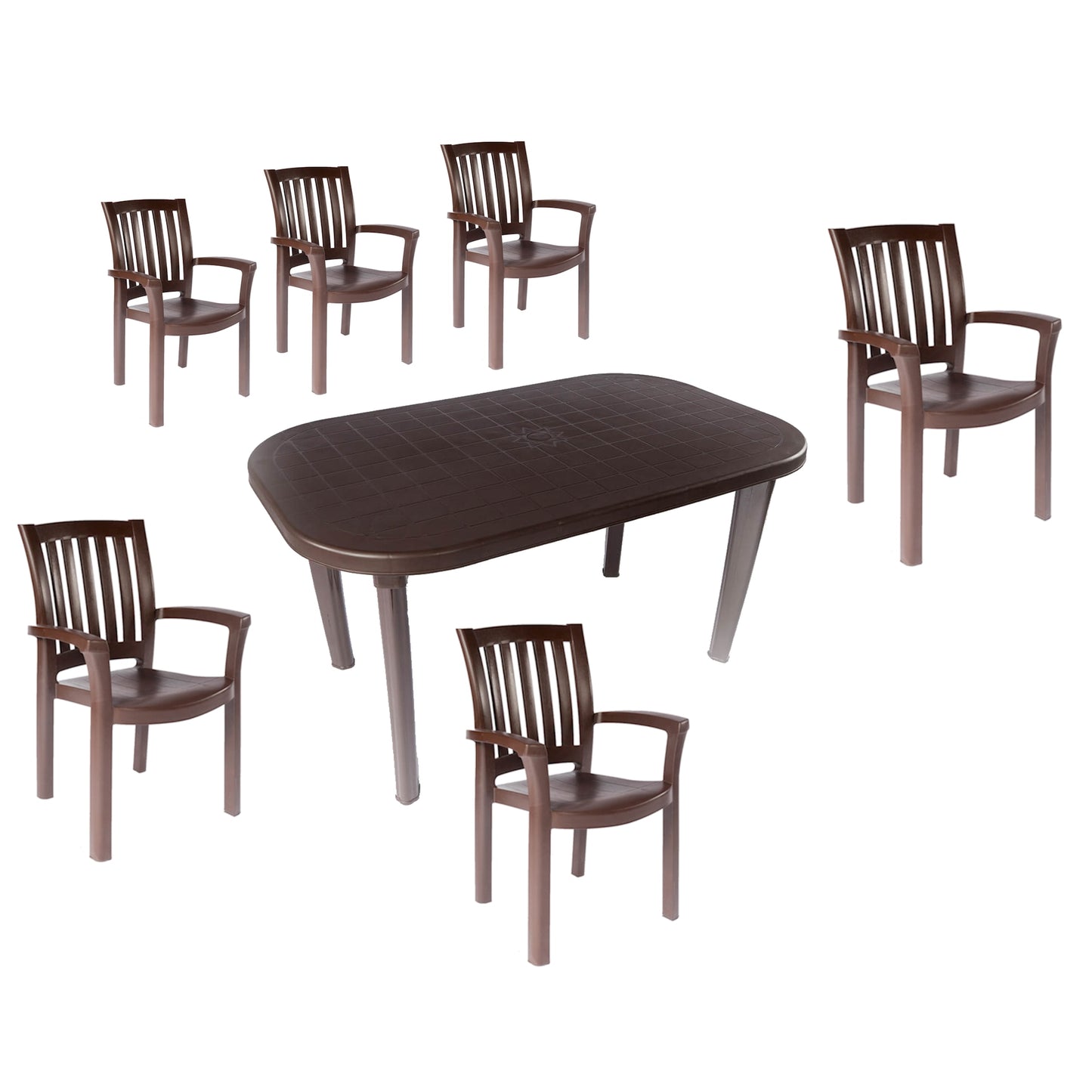 Set masa Gradina idealStore cu 6 Scaune XL si Masa 135x82x75cm, Scaun 90x58x59cm, Rezistenta Sporita, Polipropilena de Inalta Calitate, Rezistent UV, Rezistent la Apa si Temperaturi Ridicate, Orificiu pentru Umbrela, Picioare Detasabile, Maro