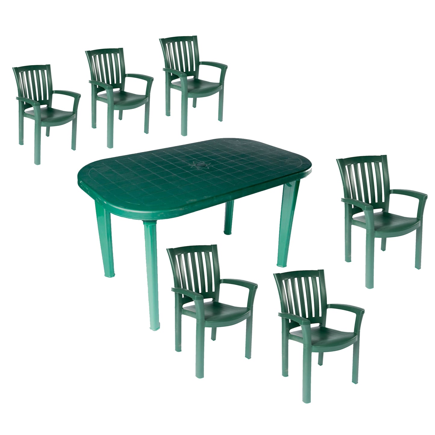 Set masa Gradina idealStore cu 6 Scaune XL si Masa 135x82x75cm, Scaun 90x58x59cm, Rezistenta Sporita, Polipropilena de Inalta Calitate, Rezistent UV, Rezistent la Apa si Temperaturi Ridicate, Orificiu pentru Umbrela, Picioare Detasabile, Verde Menta