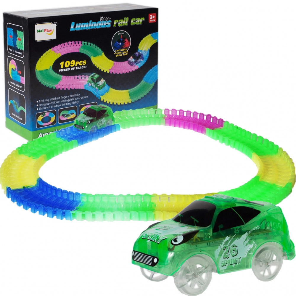 Set pista magica cu 1 masinuta idealSTORE Rail Green Car, Format din 109 elemente, flexibile in 4 culori, Circuit complet luminat de LED-uri incorporate
