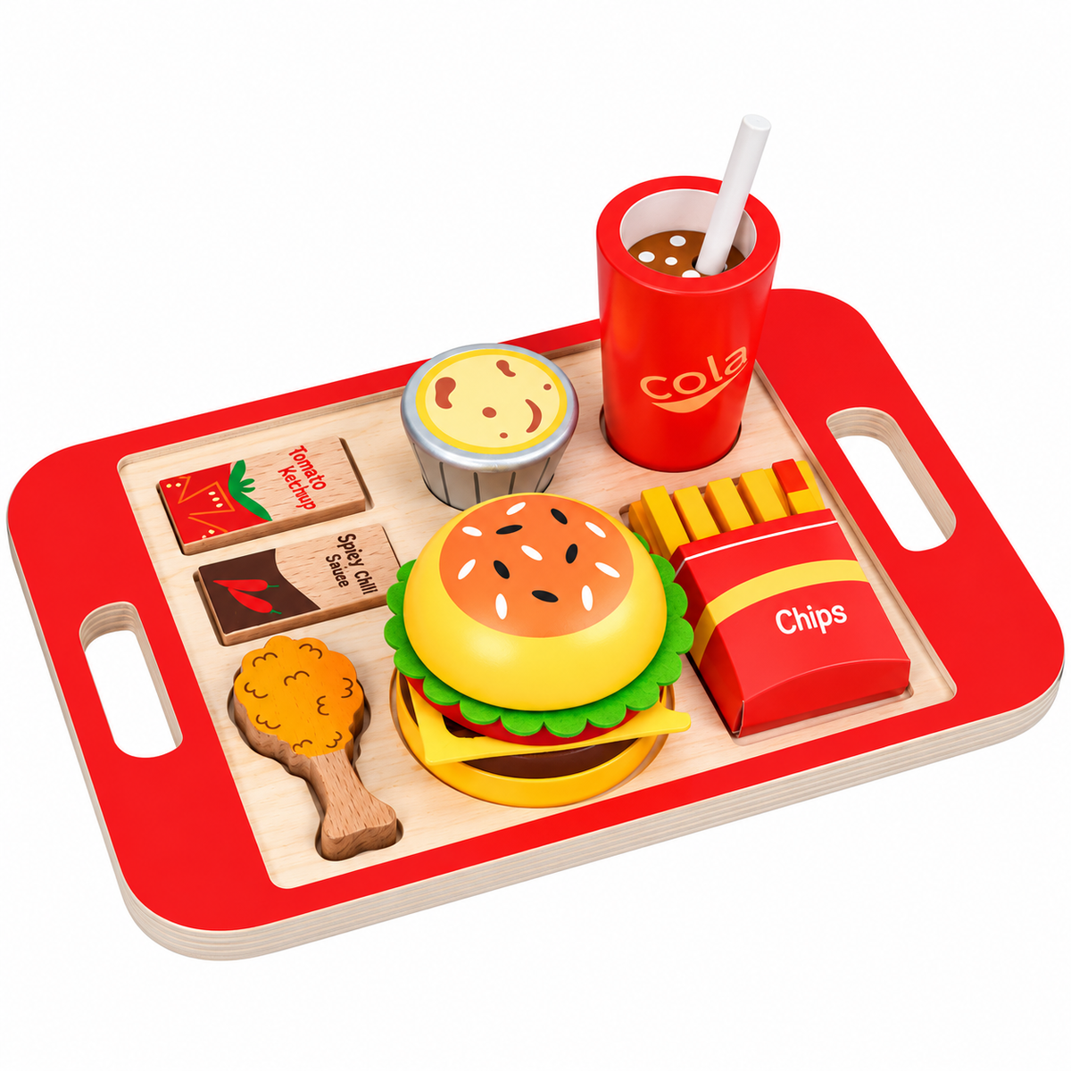 Set de joaca BurgerFood idealSTORE, Burger cu ingrediente detasabile din lemn, Stimuleaza creativitate