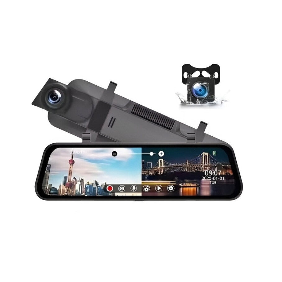 Sistem DVR Tip Oglinda idealStore, 3 Camere: Fata, Interior si Marsarier, Inregistrare Video Fata Full-HD, Ecran Touchscreen 9.66 inch, Aplicatie telefon WIFI, Usor de Instalat, Neagra