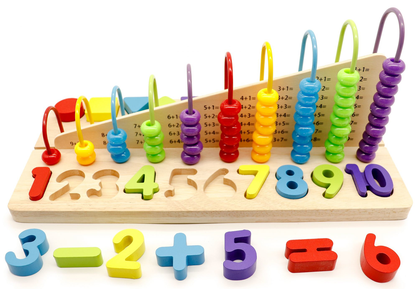 Sortator Educational din lemn idealSTORE, Dimensiuni: 34 x 16.7 x 15.5 cm, Sprijina elementele de baza ale adaugarii si scaderii, Recunoasterea formelor si numerelor, Dezvolta abilitatile manuale ale copiilor si creativitatea