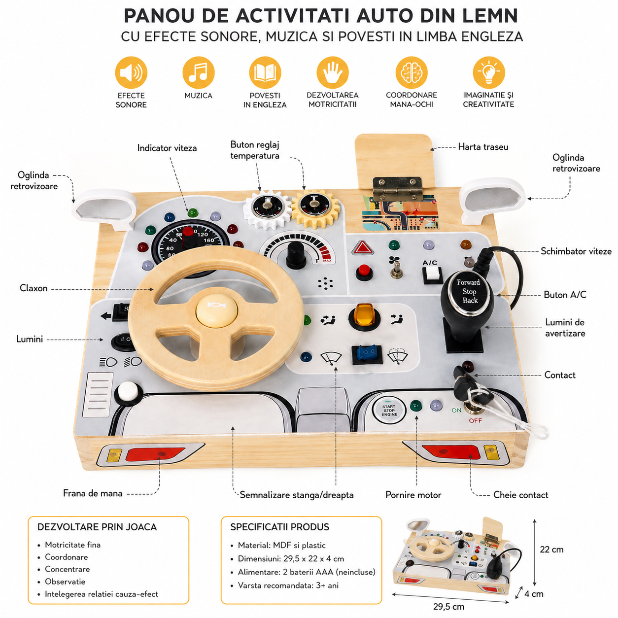 Panou interactiv auto din lemn idealSTORE, Dimensiune 29, 5 x 22 x 4 cm, Efecte sonore incorporate