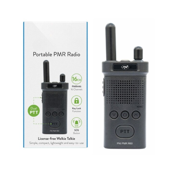 Statie idealSTORE Radio Portabila PNI PMR R60 446MHz, 0.5W, Scan, Blocare Taste, SOS, Monitor, Acumulator 1200mAh, Temperatura de lucru -26C ~ +80C, LED, TOT, Squelch, Monitorizare canale, Indicator de baterie, Scanare canale, Blocare tastatura