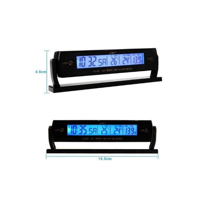 Termometru Digital cu Senzor Interior - Exterior, Ceas si Voltmetru, Iluminat Masoara Voltajul din Mufa de Bricheta