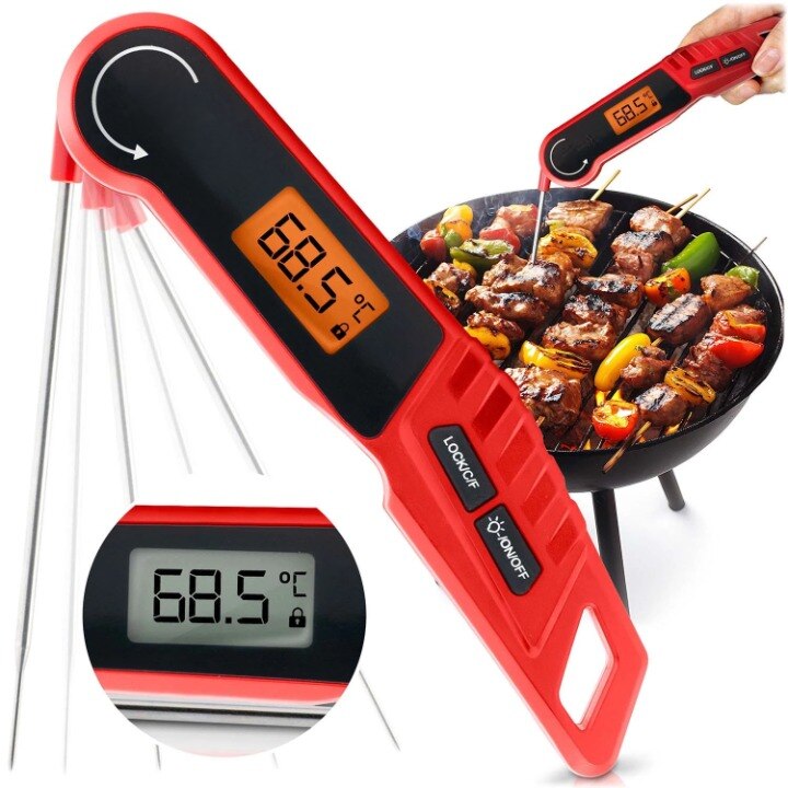 Termometru Pentru Gatit idealSTORE, Ecran LCD, Iluminare de Fundal, Masurare Rapida si Precisa, Sonda Pliabila 180, Afisaj cu Rotire Automata, Functie de Blocare a Masuratorii LOCK, Impermeabil, Magnetic, Carcasa Compacta