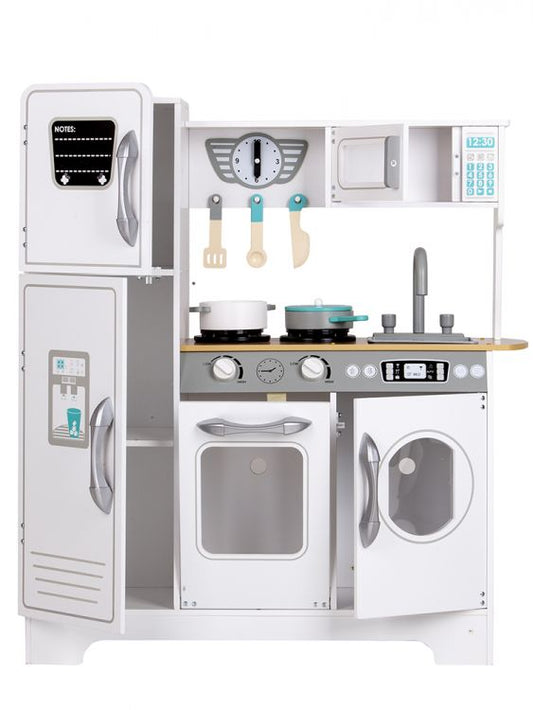 Bucatarie din Lemn pentru Copii, EcoToys, cu Aragaz, Frigider, Cuptor cu Microunde, Masina de spalat, Chiuveta si Accesorii pentru Gatit, Gri/Alb