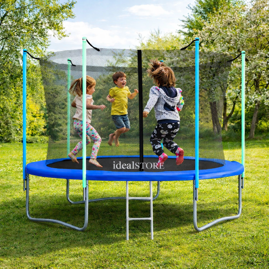 Trambulina copii idealSTORE, Diametru 245 cm, Fabricata din Otel, 42 de arcuri, Sarcina 150 de Kg, Scara de Acces