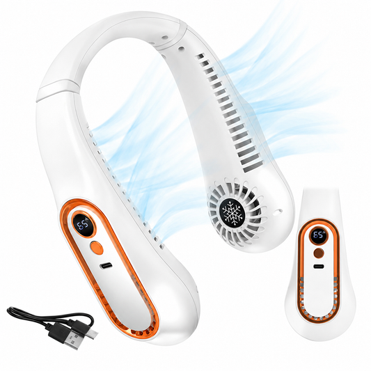 Ventilator Portabil pentru Gat IdealStore, Flux Aer 360°, 5 Trepte Viteza, Afisaj LED, USB-C, Reincarcabil, Alb