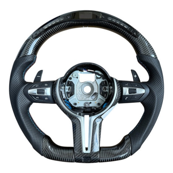 Volan sport Carbon idealSTORE piele de inalta calitate compatibil BMW Seria 5 F10/F11/F07, Seria 6 F06/F12/F13, Seria 7 F01/F02, Negru cu cusaturi in culorile BMW Motorsport, Ergonomic, Aderenta imbunatatita, cu butoane multifunctionale integrate