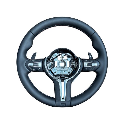 Volan sport idealSTORE piele de inalta calitate compatibil BMW Seria 5 E60/E61, Seria 6 E63/E64 pana la 09/2005, Negru cu cusaturi in culorile BMW Motorsport, Ergonomic, Aderenta imbunatatita, cu butoane multifunctionale integrate