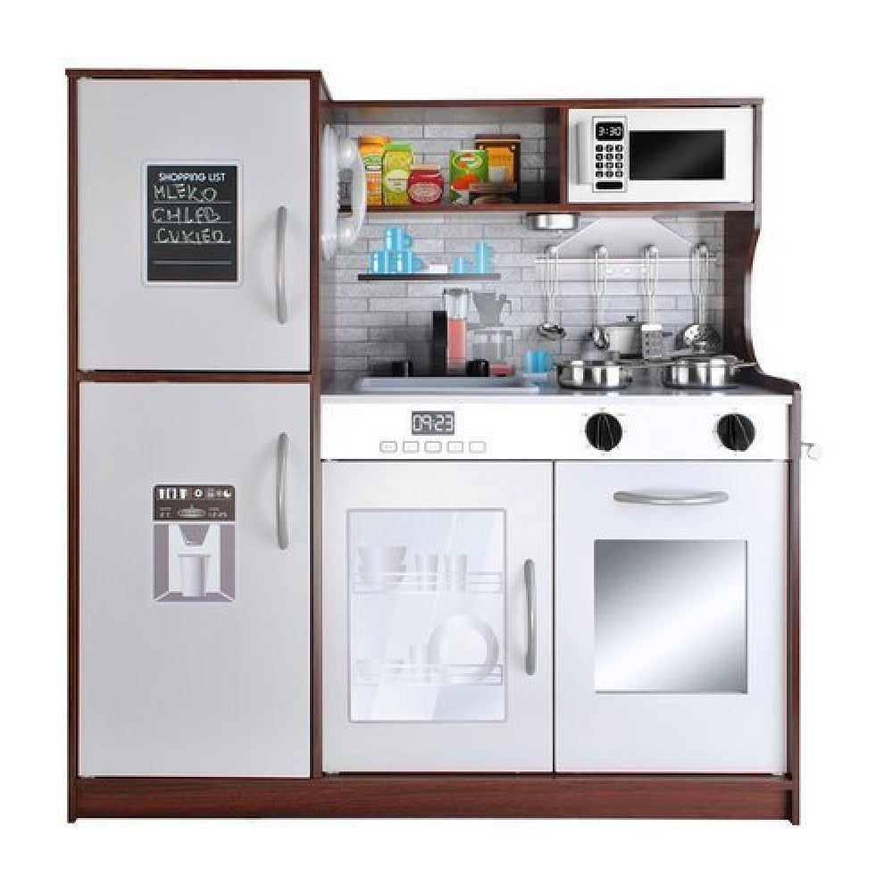 Bucatarie din lemn ecologic, Cu lumini si sunete, Complet utilata cu accesorii moderne, 80x80.5 cm, Alb-Maro