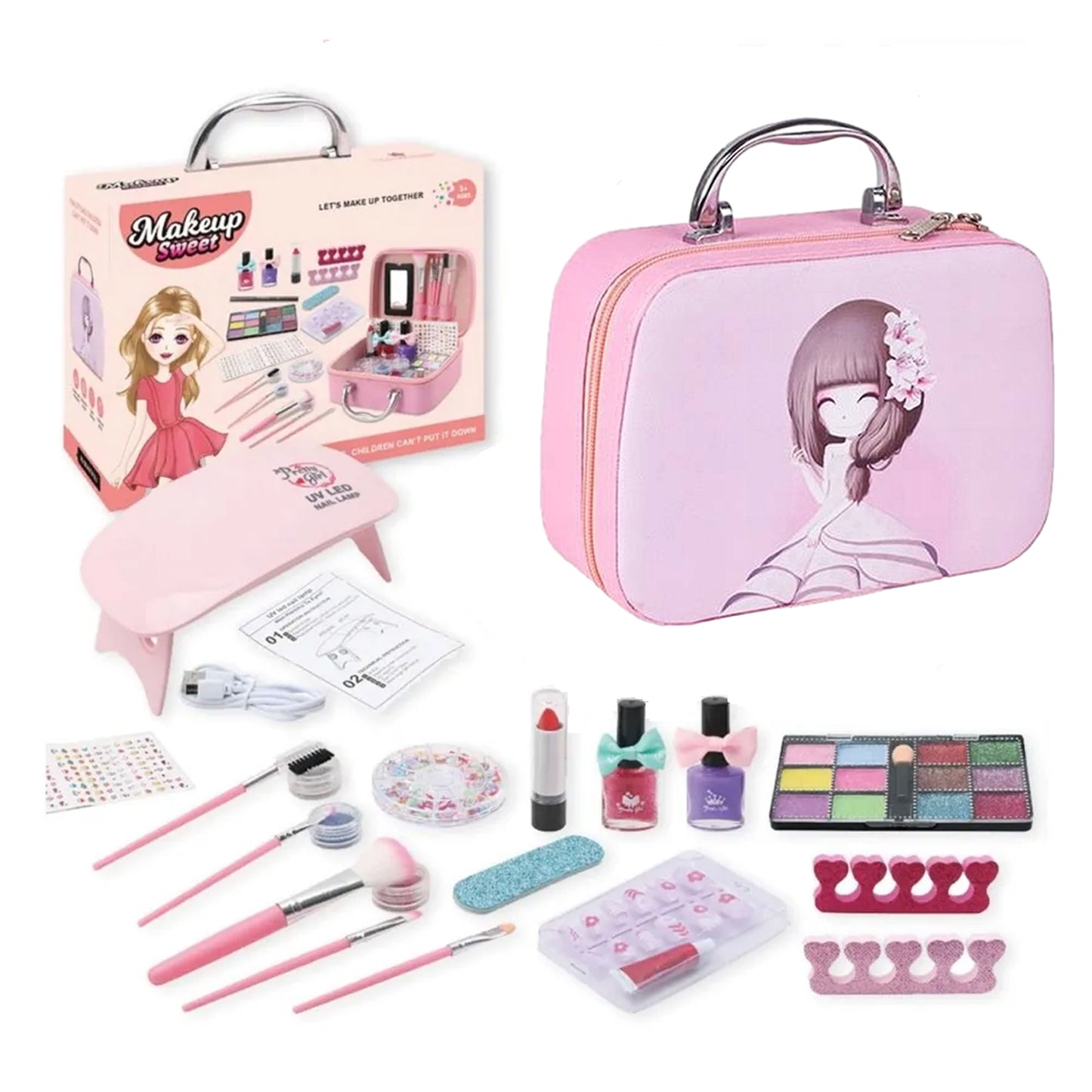 Set make up trusa pentru copii + 3 ani, Darklove, Cu lampa uscare unghii, rujuri, lacuri de unghii, pensula cosmetica si multiple accesorii, Usor de utilizat si de transportat, Plastic, 20.5 x 15 x 8cm, Multicolor