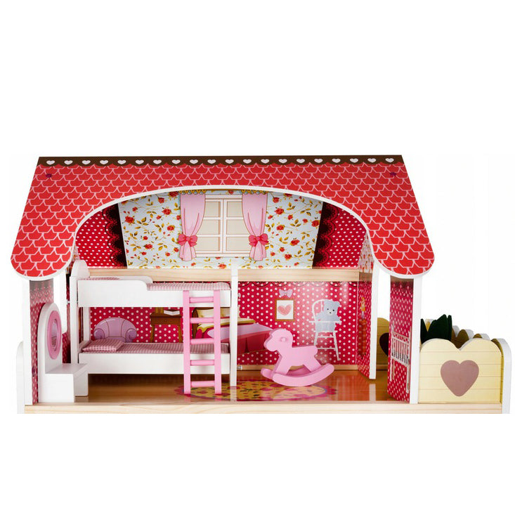 Casuta de papusi din lemn, Zola, complet mobilata, 3 etaje, cu piscina, sezlong si gratar, iluminata LED, 90 cm