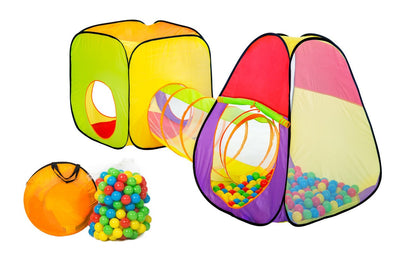 Cort de joaca idealSTORE Space pentru Copii, Dimensiuni 280 x 83 x 100cm, Echipat cu 200 de bile multicolore, Cort patrat, un cort Iglu si un tunel de legatura, Pentru interior si exterior, Gradina, Spatii verzi