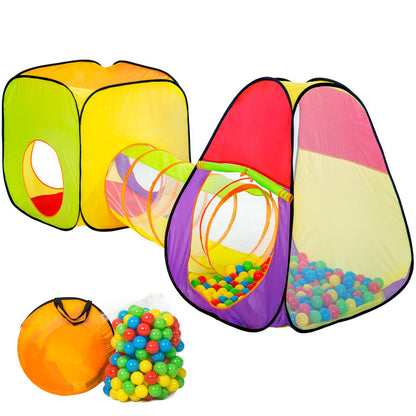 Cort de joaca idealSTORE Space pentru Copii, Dimensiuni 280 x 83 x 100cm, Echipat cu 200 de bile multicolore, Cort patrat, un cort Iglu si un tunel de legatura, Pentru interior si exterior, Gradina, Spatii verzi