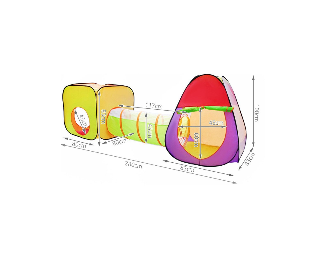 Cort de joaca idealSTORE Space pentru Copii, Dimensiuni 280 x 83 x 100cm, Echipat cu 200 de bile multicolore, Cort patrat, un cort Iglu si un tunel de legatura, Pentru interior si exterior, Gradina, Spatii verzi