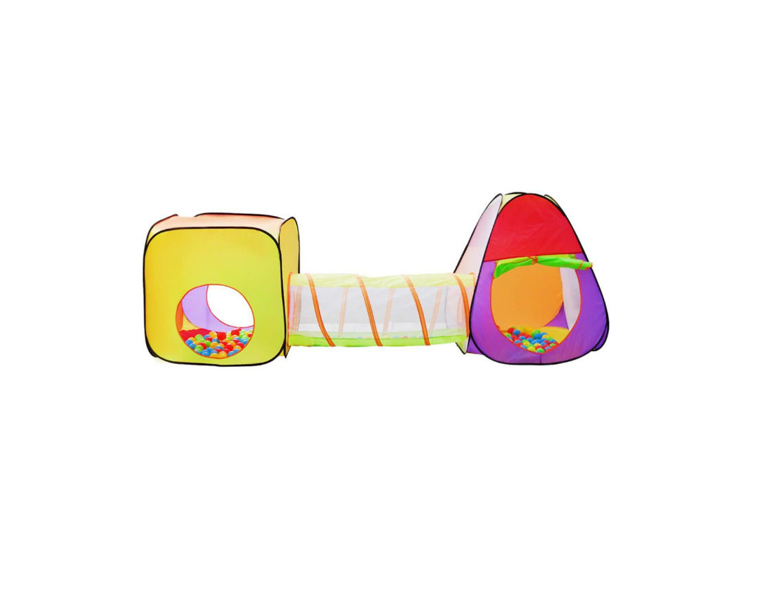 Cort de joaca idealSTORE Space pentru Copii, Dimensiuni 280 x 83 x 100cm, Echipat cu 200 de bile multicolore, Cort patrat, un cort Iglu si un tunel de legatura, Pentru interior si exterior, Gradina, Spatii verzi