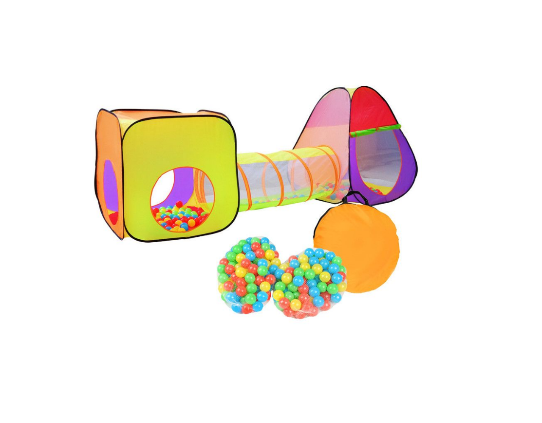 Cort de joaca idealSTORE Space pentru Copii, Dimensiuni 280 x 83 x 100cm, Echipat cu 200 de bile multicolore, Cort patrat, un cort Iglu si un tunel de legatura, Pentru interior si exterior, Gradina, Spatii verzi