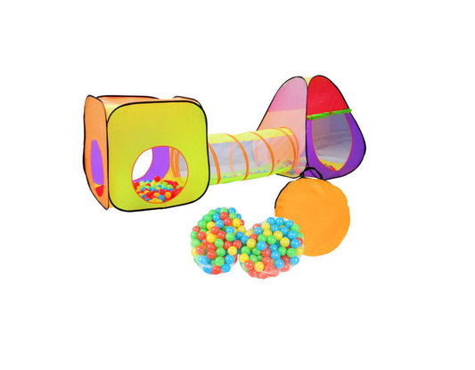 Cort de joaca idealSTORE Space pentru Copii, Dimensiuni 280 x 83 x 100cm, Echipat cu 200 de bile multicolore, Cort patrat, un cort Iglu si un tunel de legatura, Pentru interior si exterior, Gradina, Spatii verzi