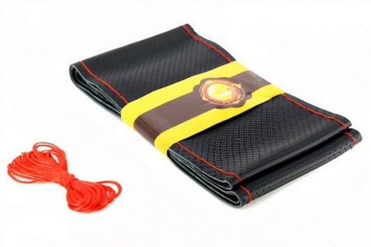 Husa volan IdealStore cu ac si ata piele cu gaurele marime M Culoare negru cu cusatura rosie, PREMIUM