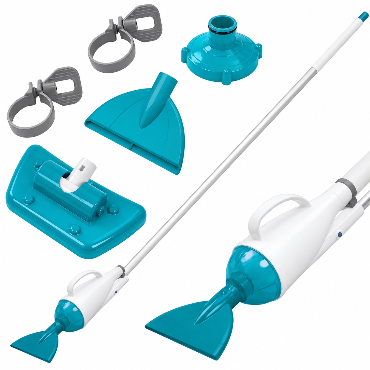Set de curatare piscine manual PoolClean idealSTORE, Debit pompa filtrare 2006L/h, Lungime furtun aspirare 6m, Maner 1.9m