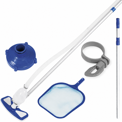 Set de curatare piscine idealSTORE, Debit pompa filtrare 2006L/h, Lungime furtun aspirare 7.5m, Tija de aluminiu 2.79, Sac colectare reutilizabil