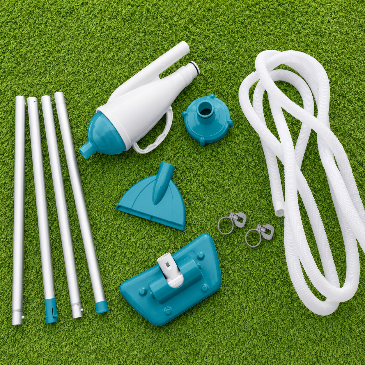 Set de curatare piscine manual PoolClean idealSTORE, Debit pompa filtrare 2006L/h, Lungime furtun aspirare 6m, Maner 1.9m
